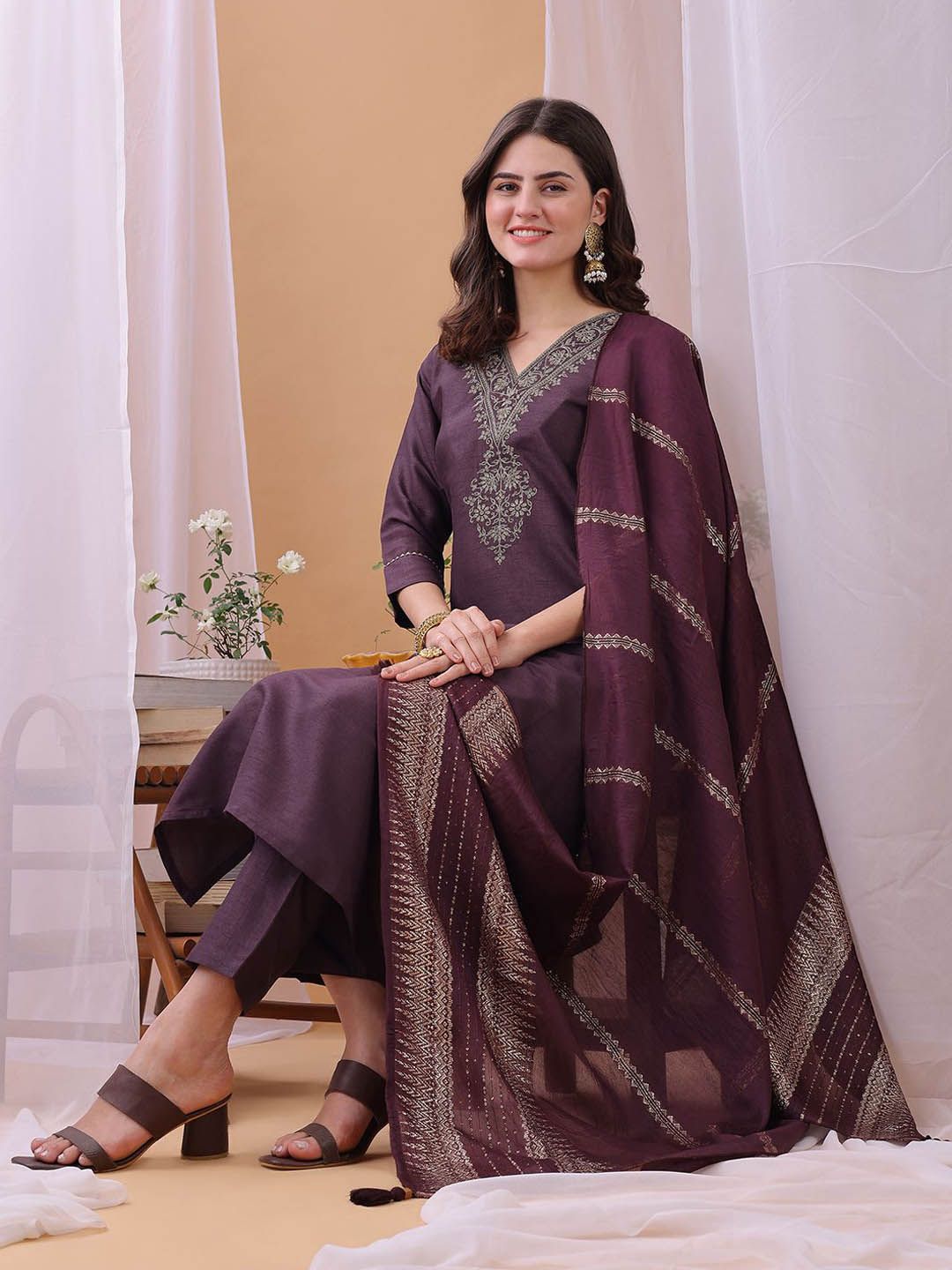 KALINI Yoke Design Sequinned Straight Kurta With Trousers And Dupatta