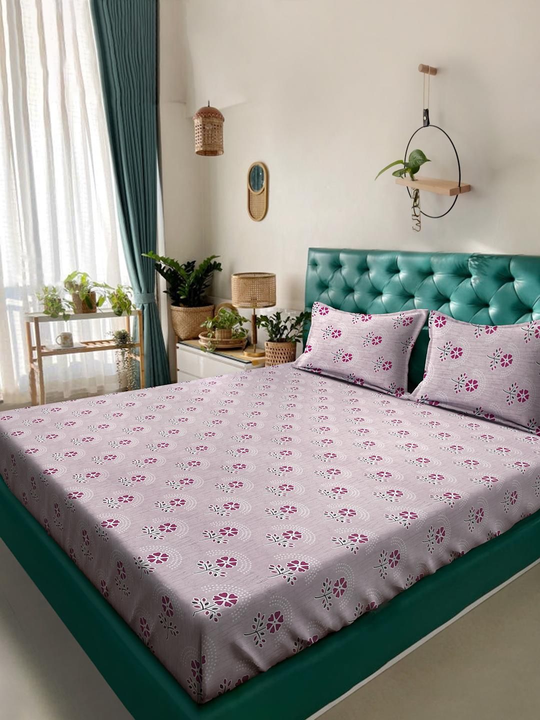 KLOTTHE Set Cadar King 400 TC Cotton Printed Pink & Purple 2.50 m x 2.25 m