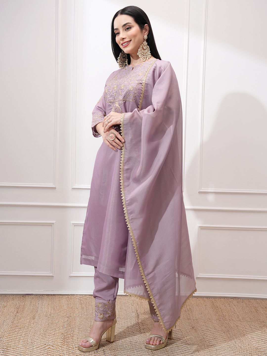 Vishudh Women Ethnic Motifs Embroidered Regular Kurta with Trousers & With Dupatta
