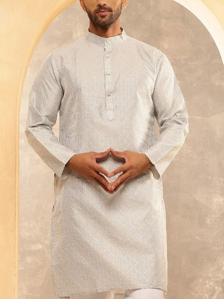 Anouk Geometric Embroidered Band Collar Thread Work Straight Cotton Silk Kurta
