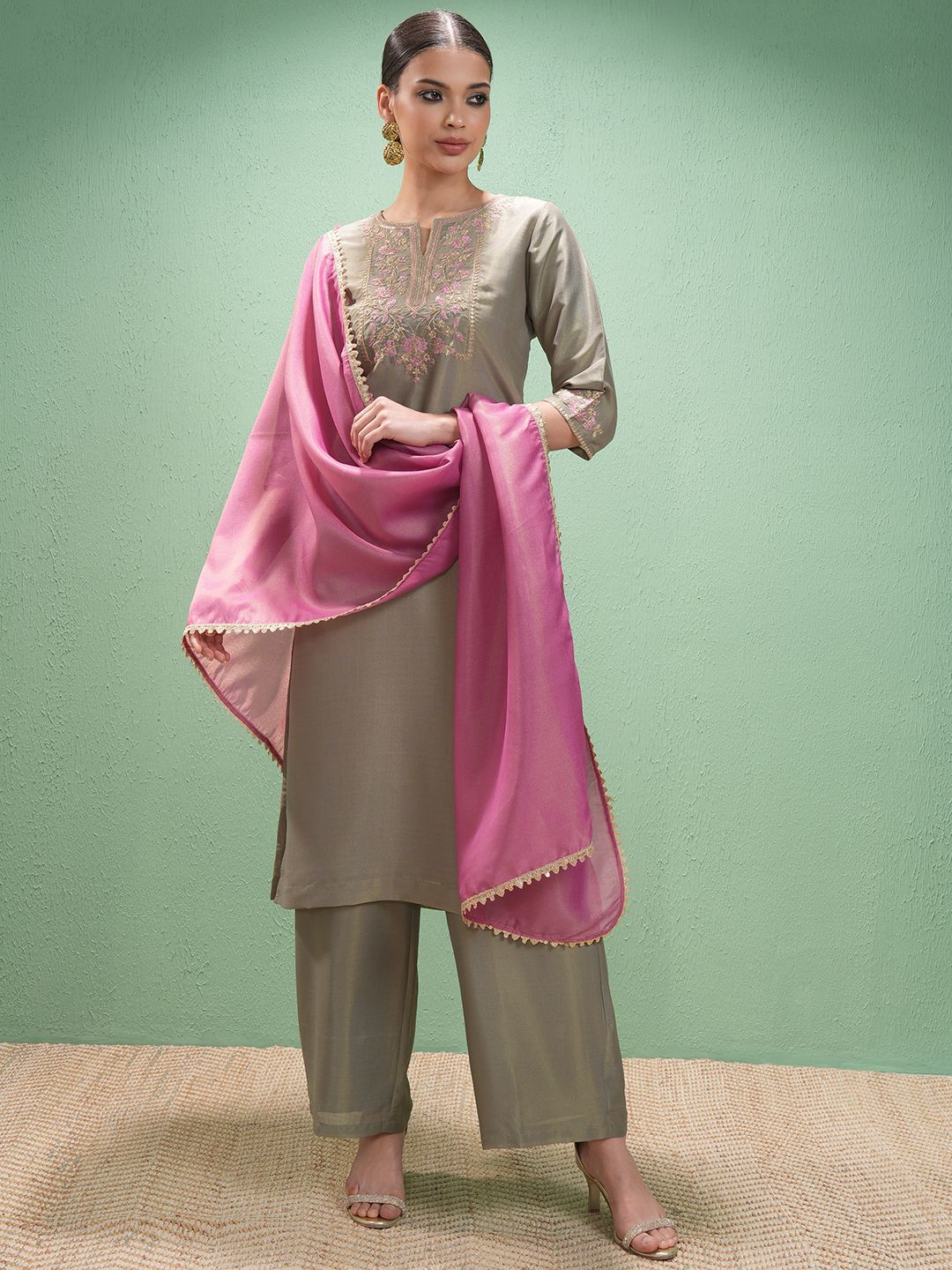 Vishudh Women Ethnic Motifs Embroidered Regular Thread Work Kurta with Trousers & With Dupatta