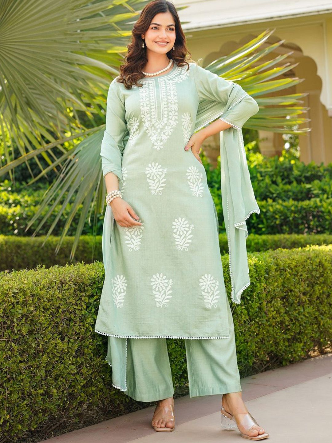 KALINI Floral Embroidered Thread Work Straight Kurta With Palazzos And Dupatta