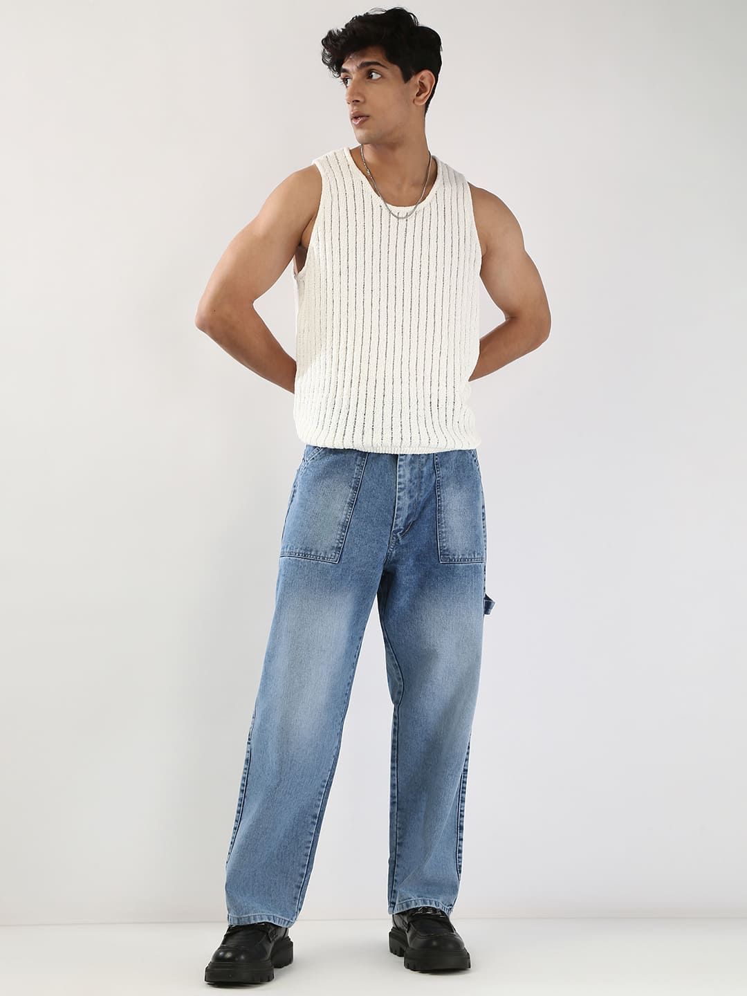 Urbano Fashion Men Light Blue Loose Baggy Fit Carpenter Cargo Jeans