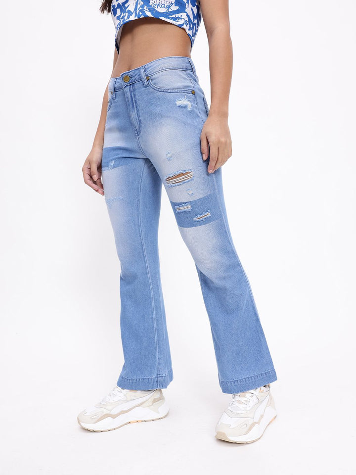 DressBerry Women Vintage Flair Mildly Ripped Heavy Fade Pure Cotton Flared Jeans