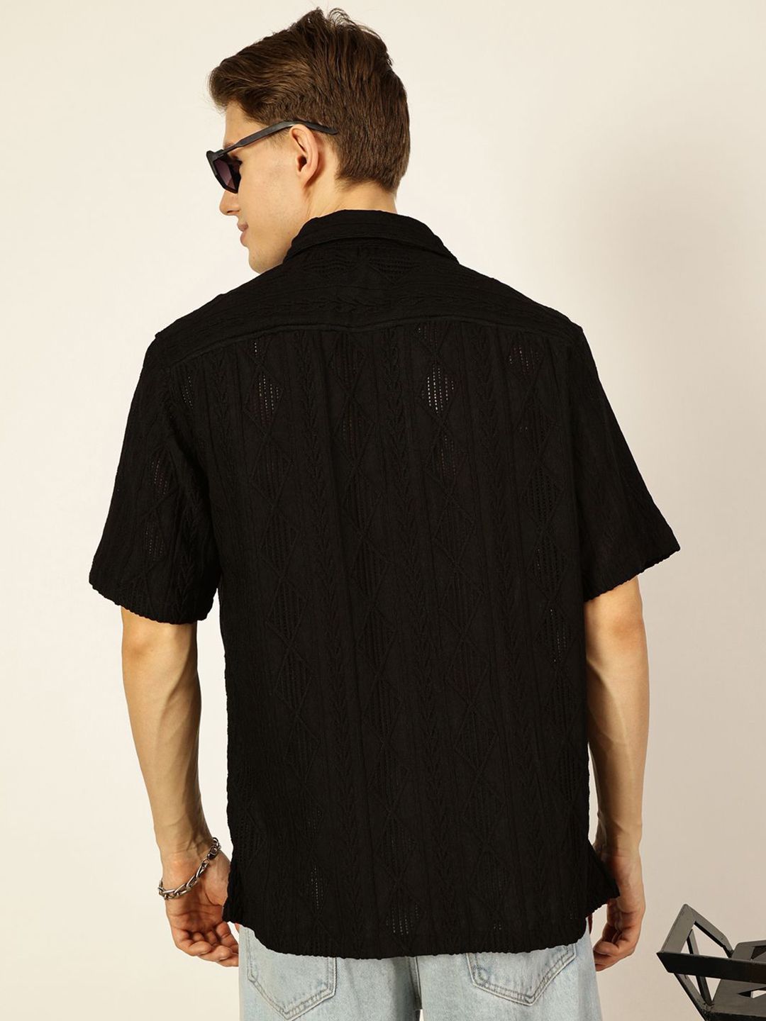 Thomas Scott Men Premium Spread Collar Textured Oversized Casual Shirt