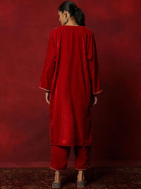 House of Chikankari Women Red Velvet Tilla Embroidered Kurta Set