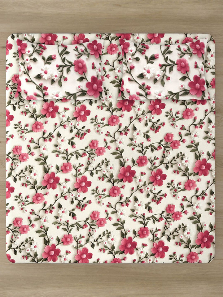 KLOTTHE Floral Pink Printed Flat 300 TC King Superfine 7D Cadar Dengan 2 Sarung Bantal