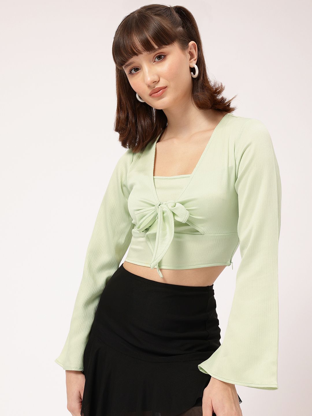 DressBerry Flared Sleeve Tie Detail Crop Top