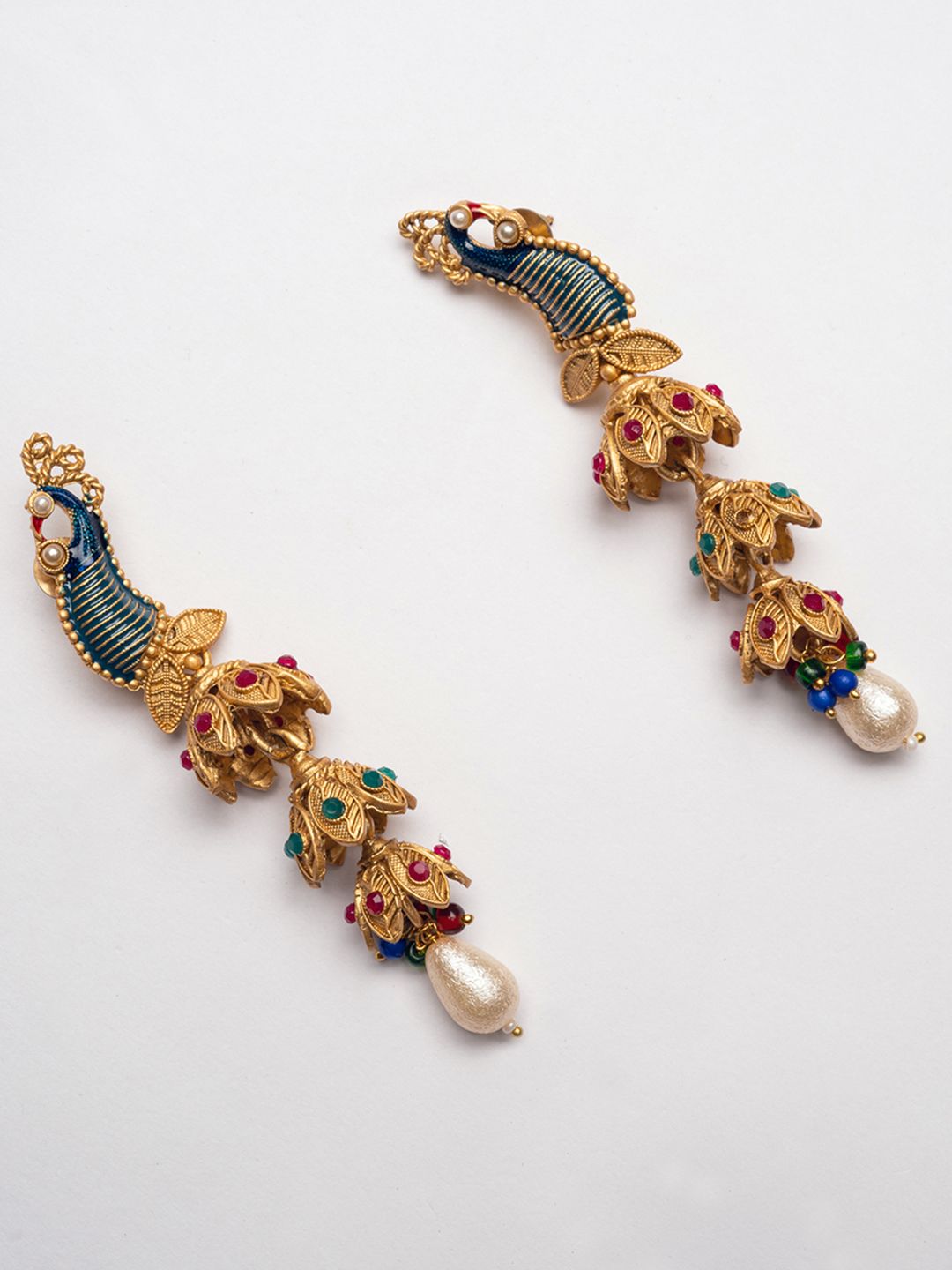 PANASH Gold-Plated Artificial Stones Studded And Beaded Peacock Shaped Drop Earrings