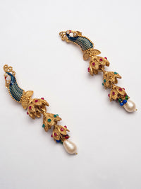 PANASH Gold-Plated Artificial Stones Studded And Beaded Peacock Shaped Drop Earrings