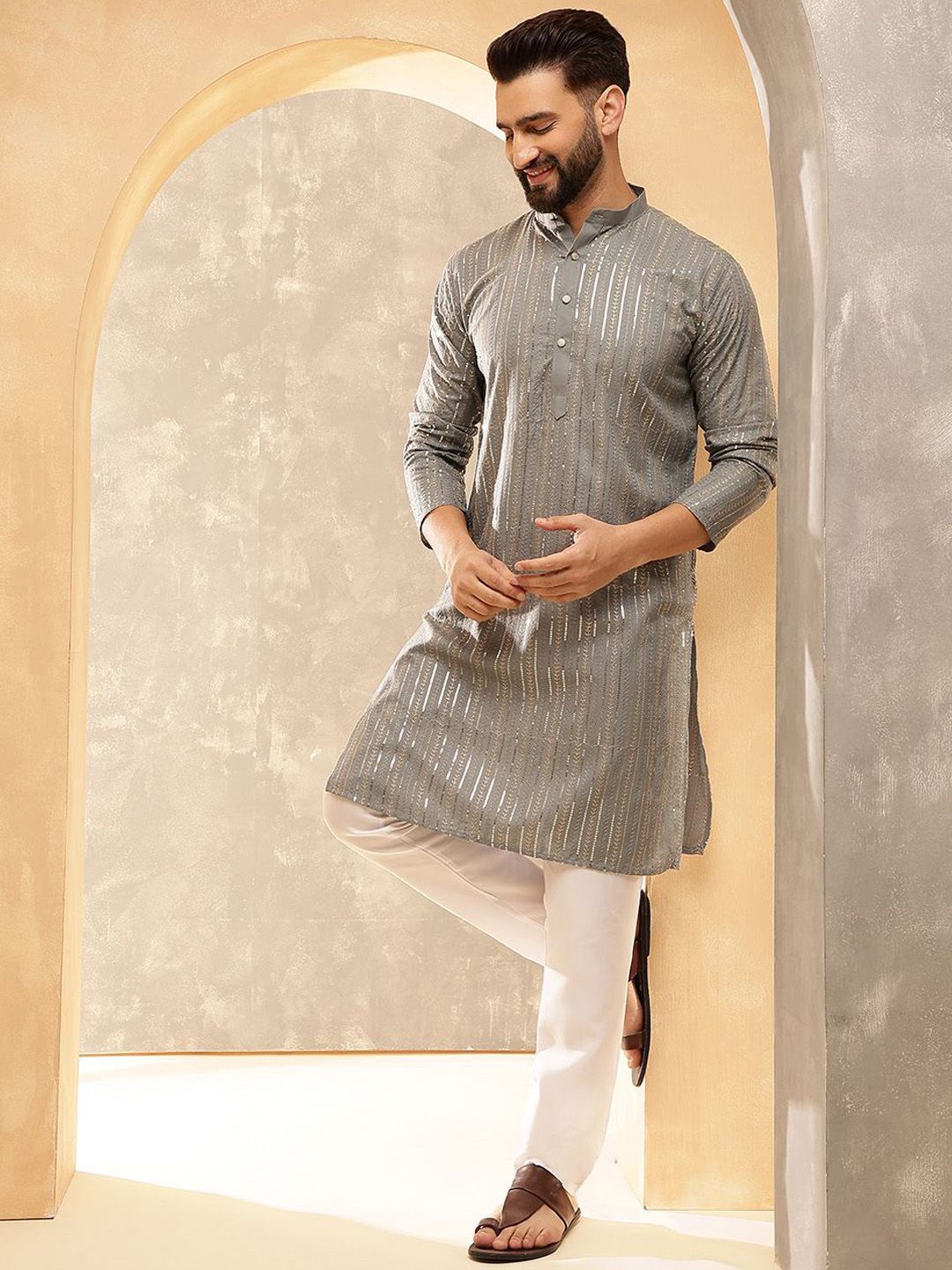 Anouk Grey Geometric Sequence Band Collar Straight Kurta