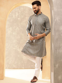 Anouk Grey Geometric Sequence Band Collar Straight Kurta
