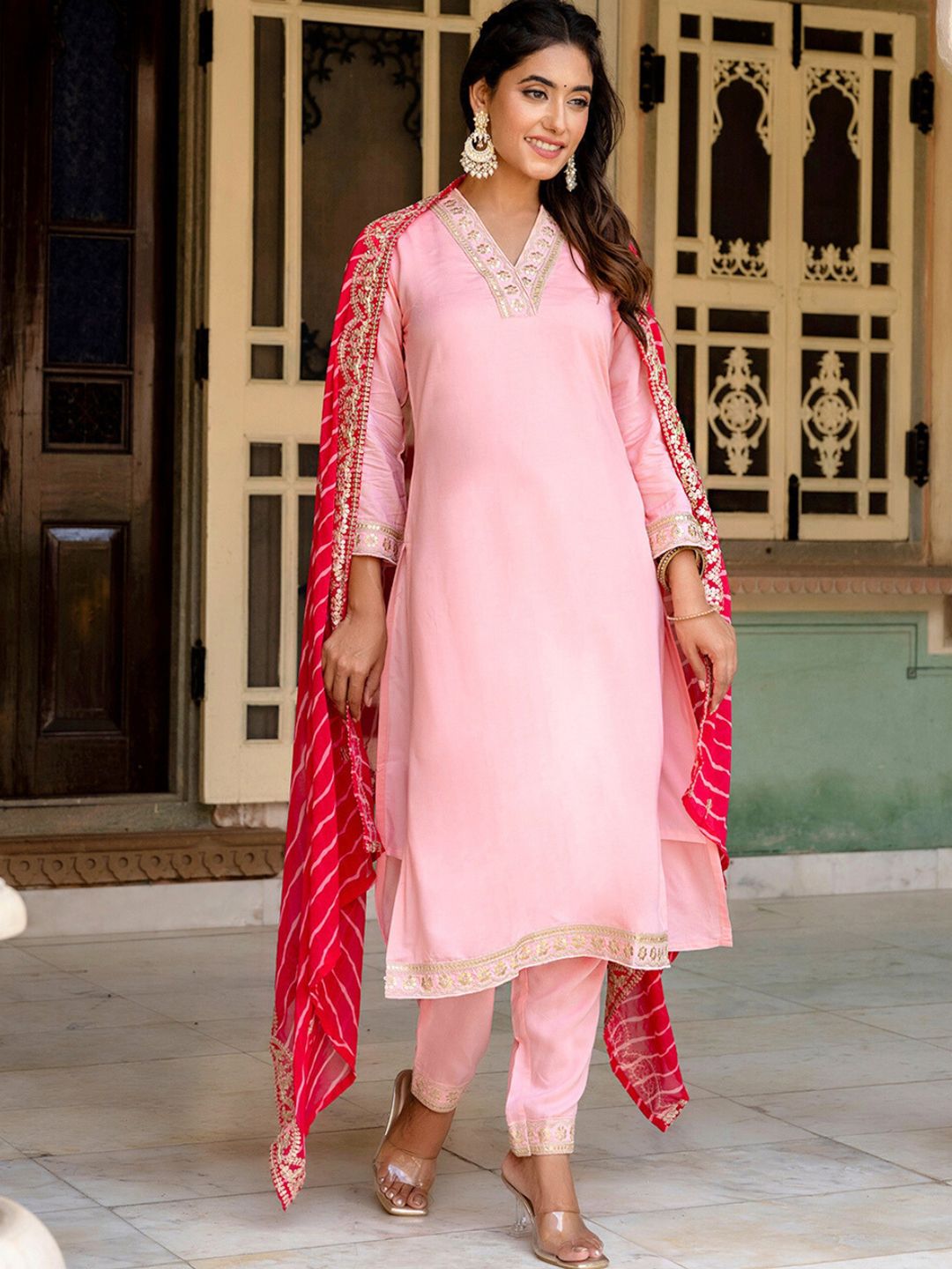 KALINI Floral Yoke Design Zari Gotta Patti Kurta with Trousers & Dupatta