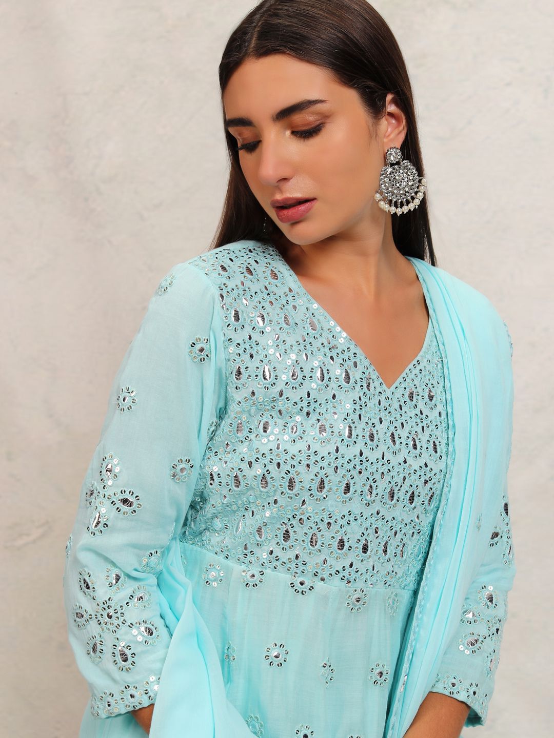 Vishudh Blue Embroidered Mirror Work Pure Cotton Anarkali Kurta With Trousers & Dupatta