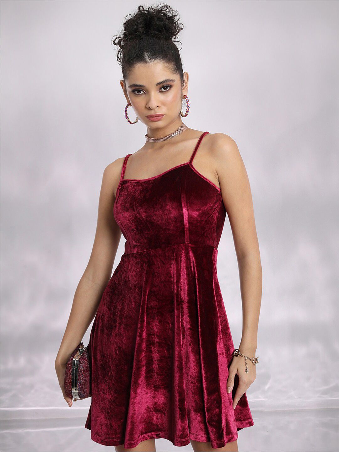 Tokyo Talkies Red Shoulder Straps Velvet Fit & Flare Dress