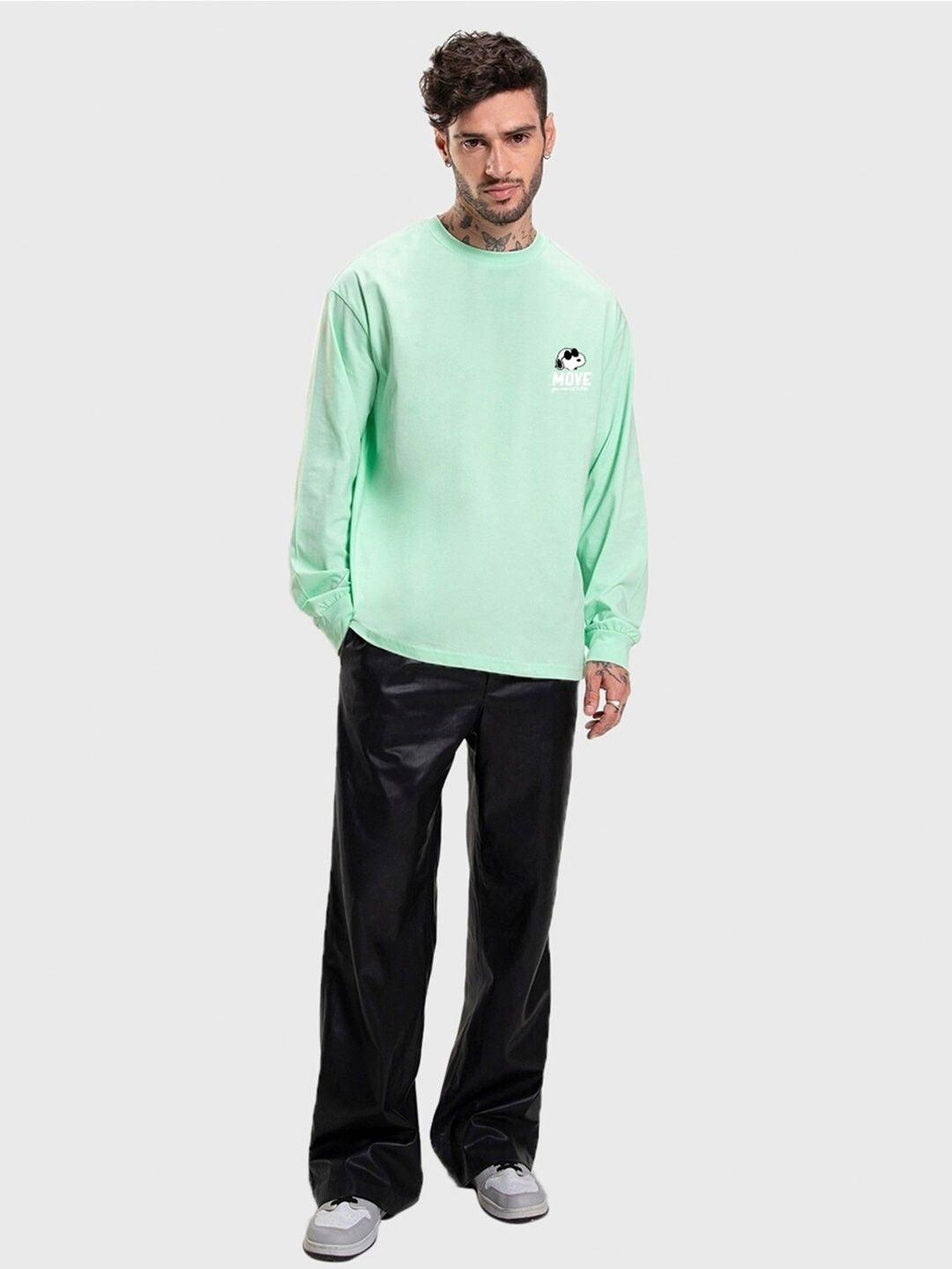 Bewakoof Green Graphic Printed Long Sleeves Pure Cotton Oversized T-Shirt