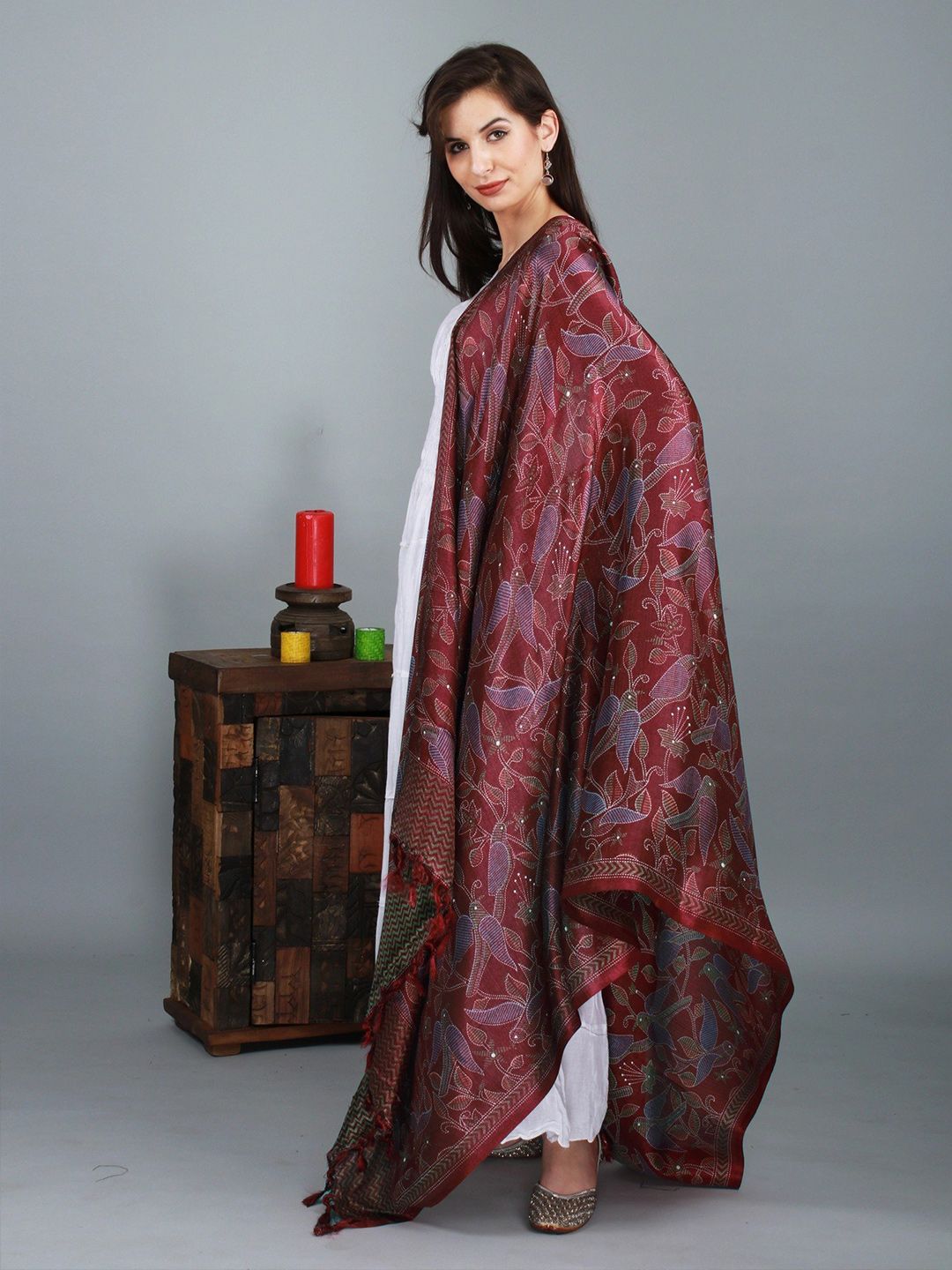 Exotic India Maroon Banglori Satin Birds and Leaf Printed Dupatta with Tassels