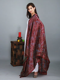 Exotic India Maroon Banglori Satin Birds and Leaf Printed Dupatta with Tassels