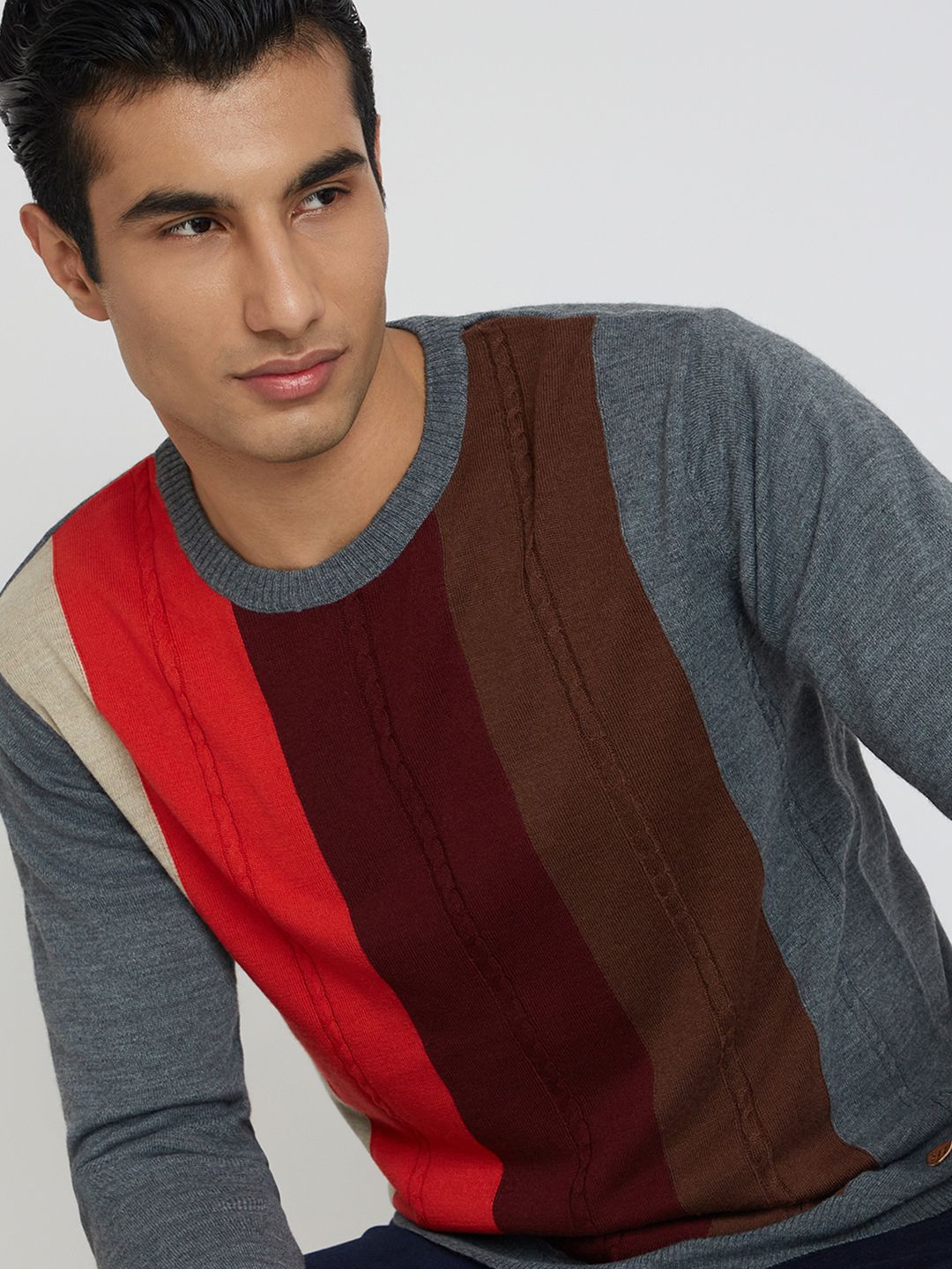 Raymond Men Maroon & Brown Striped Pullover