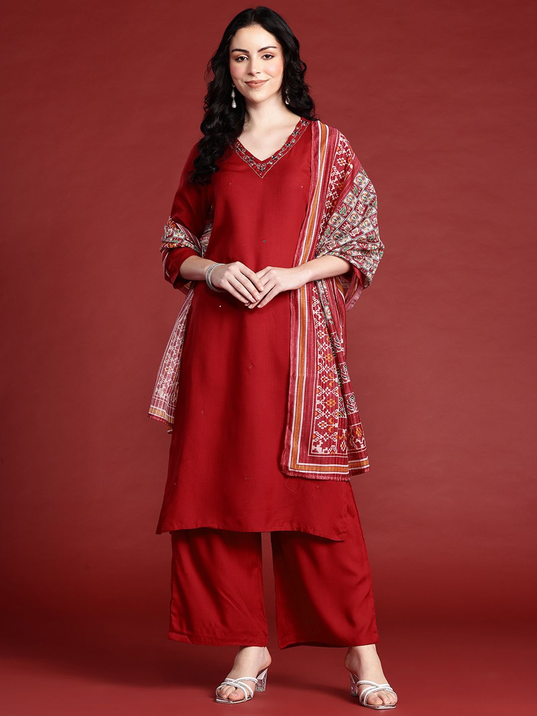 Anouk Embellished Mirror Work Kurta With Palazzos & With Dupatta