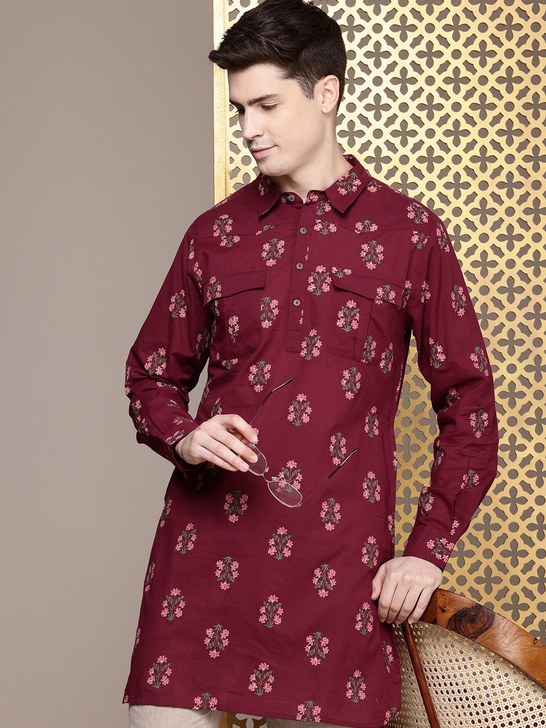 House of Pataudi Men Floral Printed Pure Cotton Kurta