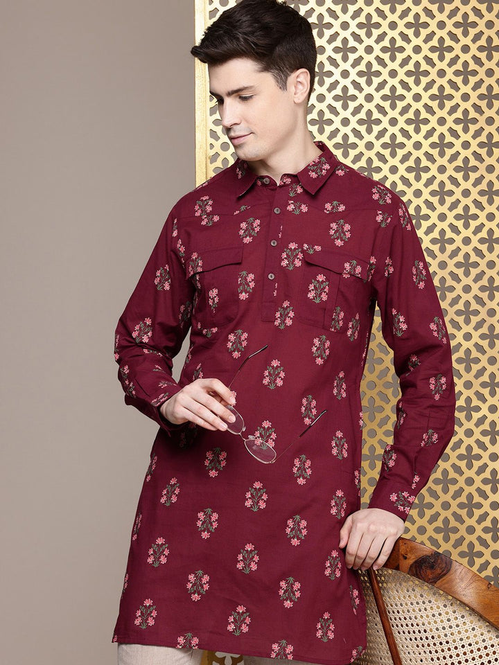 House of Pataudi Men Floral Printed Pure Cotton Kurta