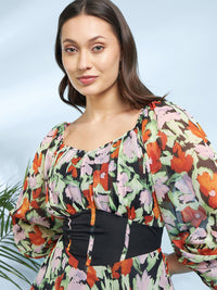 Antheaa Black Round Neck Floral Printed Chiffon Corset Fit & Flare Dress