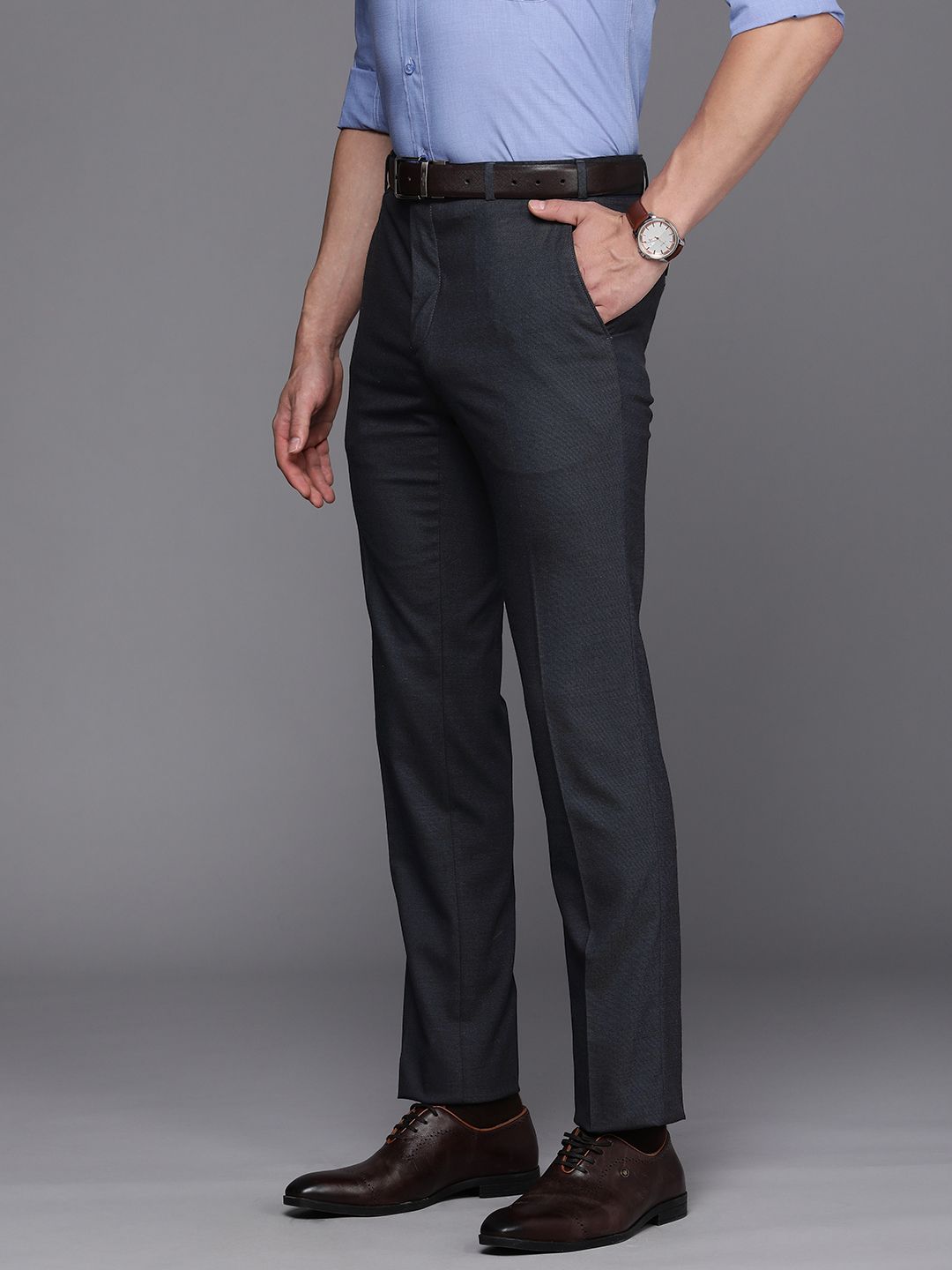 Raymond Men Navy Blue Textured Mid-Rise Slim Fit Trousers