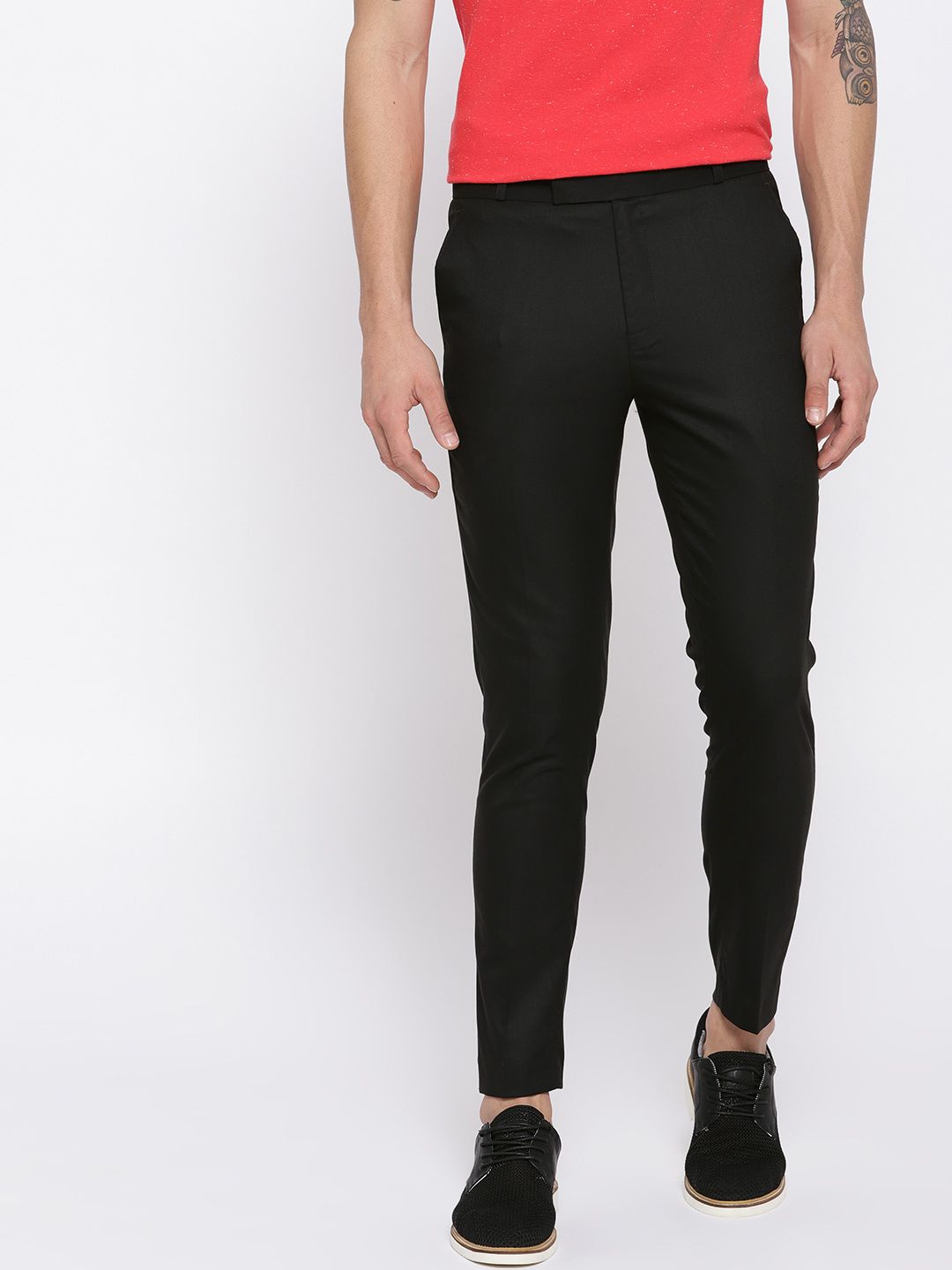 DENNISON Men Black Comfort Tapered Fit Wrinkle Free Solid Regular Trousers