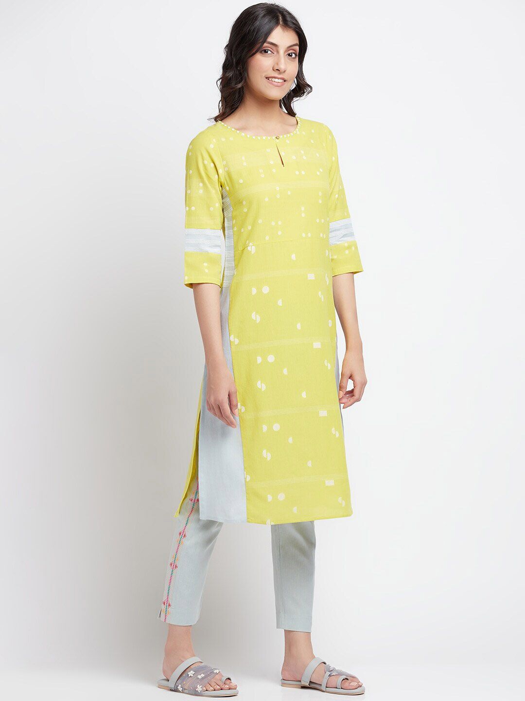 W Polka Dots Woven Design Keyhole Neck Straight Kurta