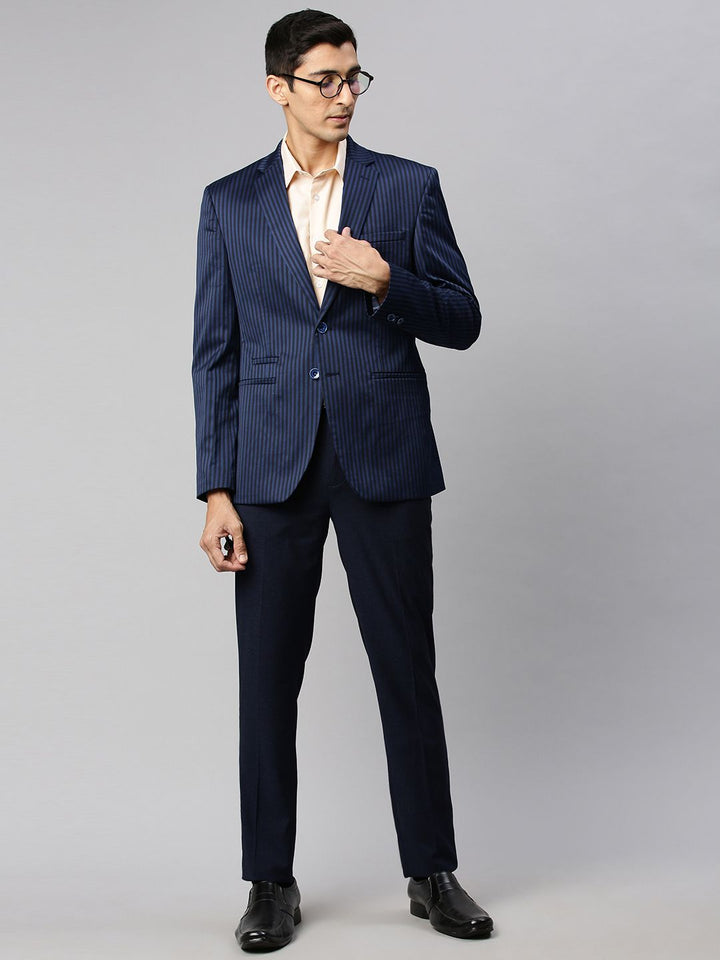 Park Avenue Men Navy Blue & Black Striped Super Slim Fit Single-Breasted Formal Blazer