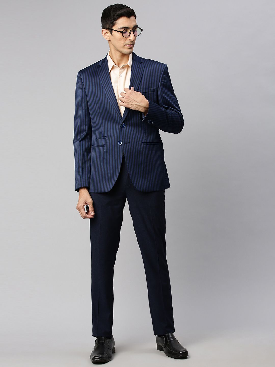 Park Avenue Men Navy Blue & Black Striped Super Slim Fit Single-Breasted Formal Blazer