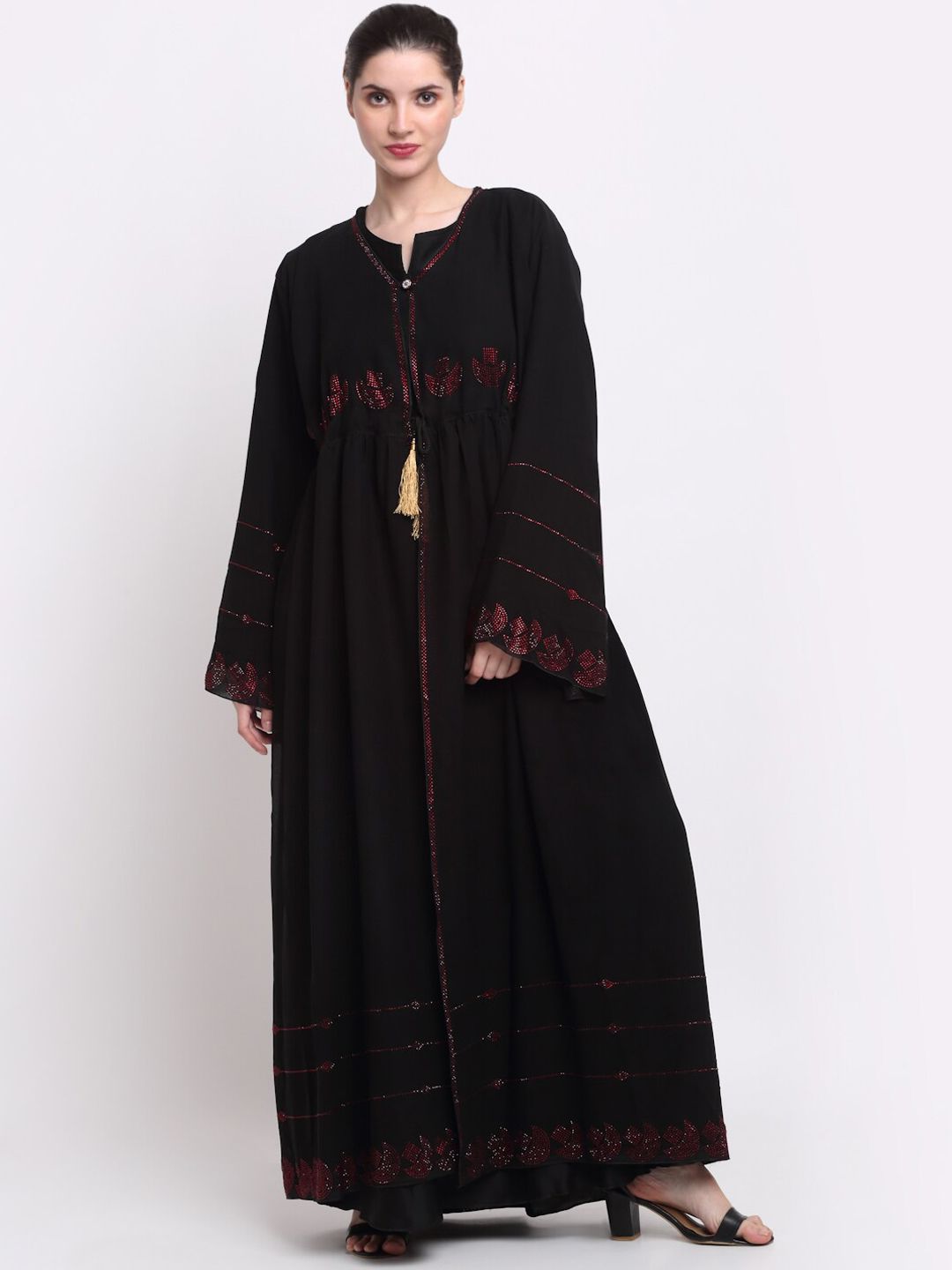 Klotthe wanita hitam & merah burqas yang dihiasi dengan selendang