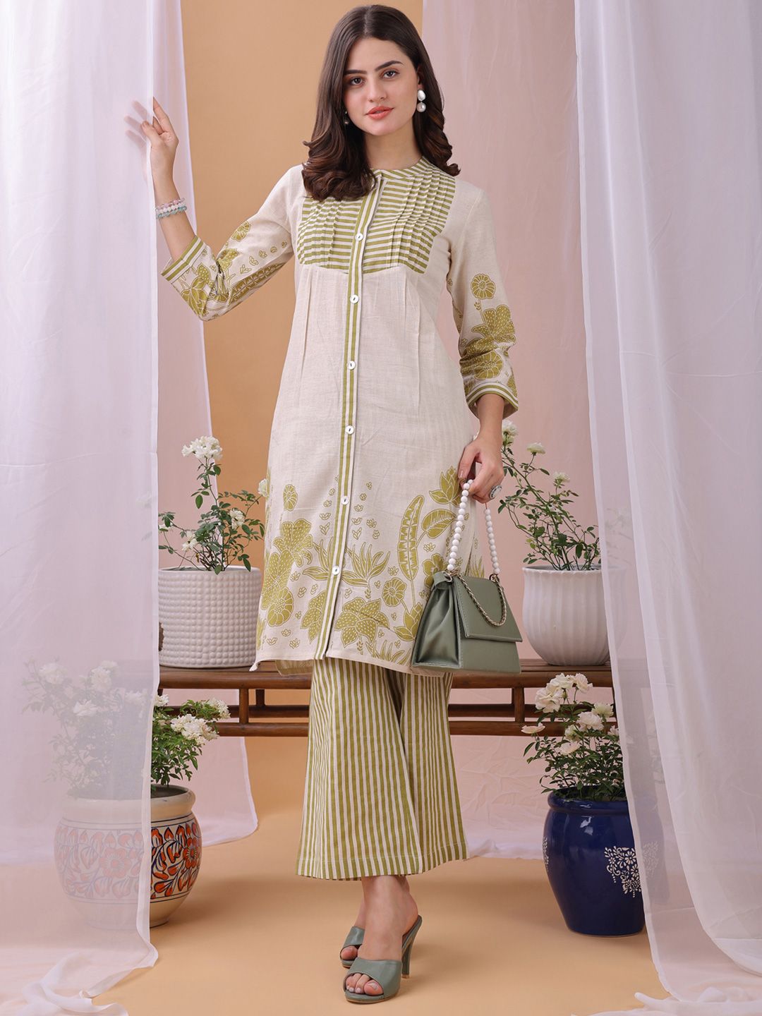 KALINI WomenParrot Green Floral Printed Pure Flex Cotton Co-ord Set