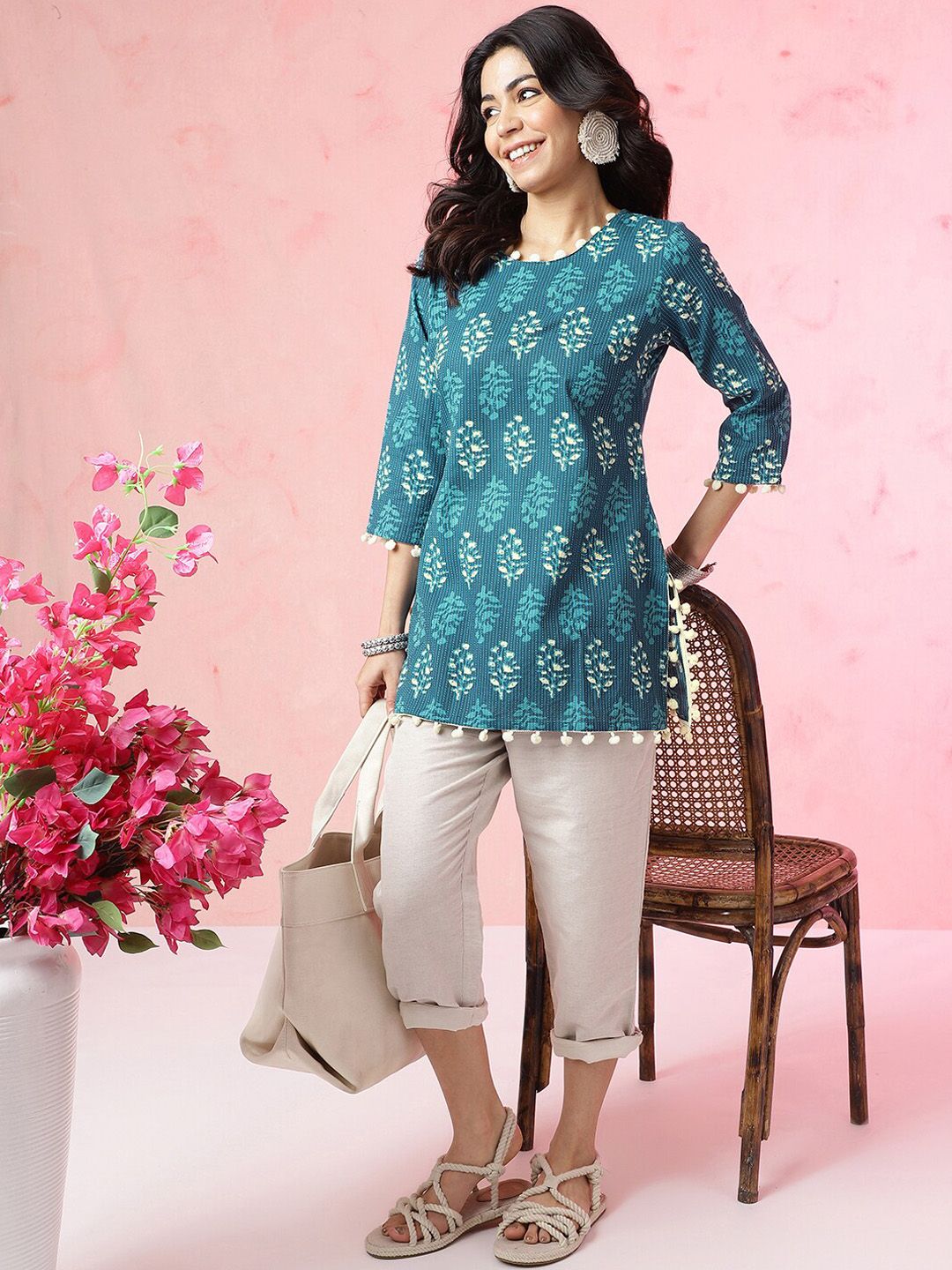 Anouk Teal Blue Ethnic Motifs Printed Pom Pom Pure Cotton Straight Short Kurti