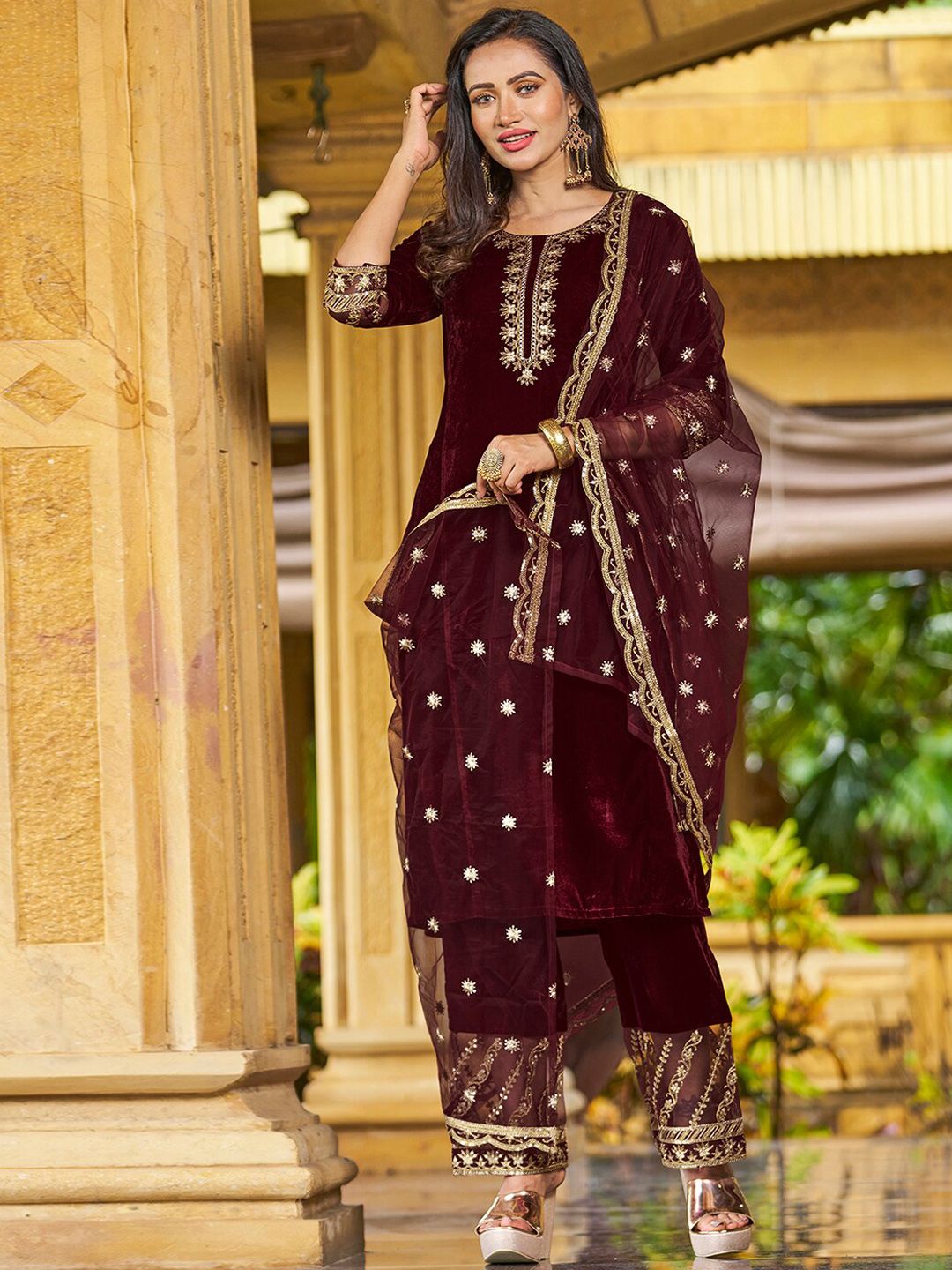 KALINI Ethnic Motifs Embroidered Kurta with Trousers & With Dupatta