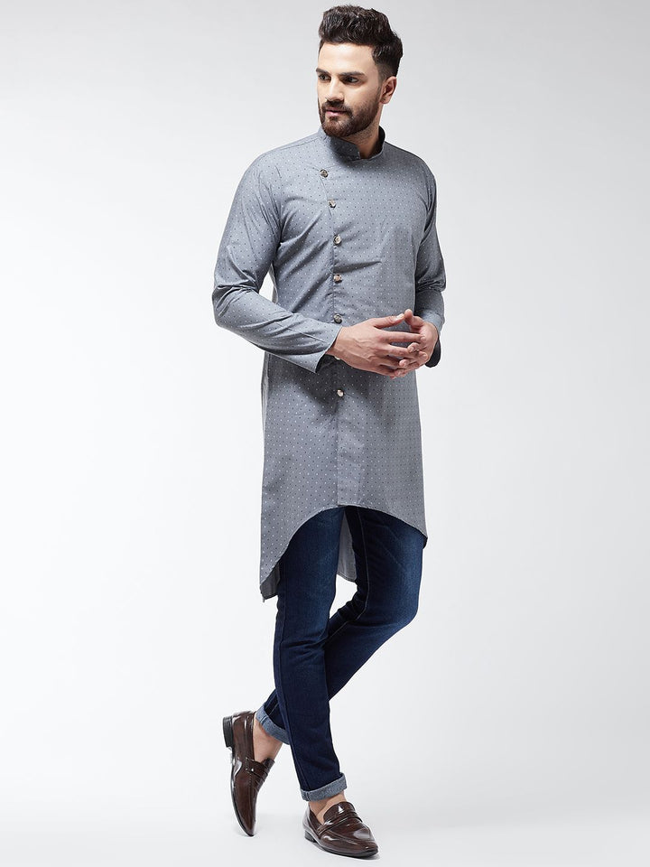 SOJANYA Men Grey Printed Cotton Linen Straight Kurta
