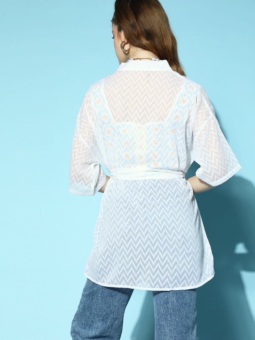 Berrylush Women Classic White Printed Sheer Shrug