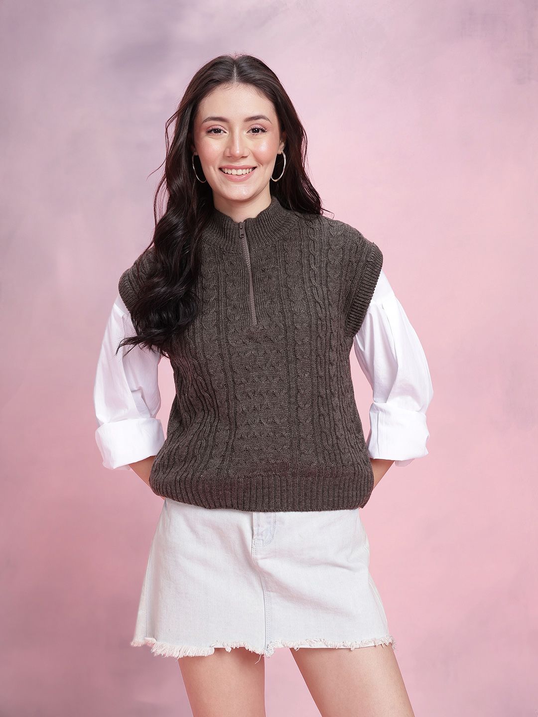 DressBerry Cable Knit Mock Collar Sweater Vest