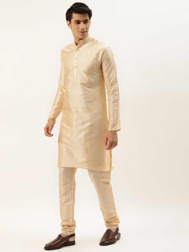 SOJANYA Men Cream Kurta with Churidar & Nehru Jacket