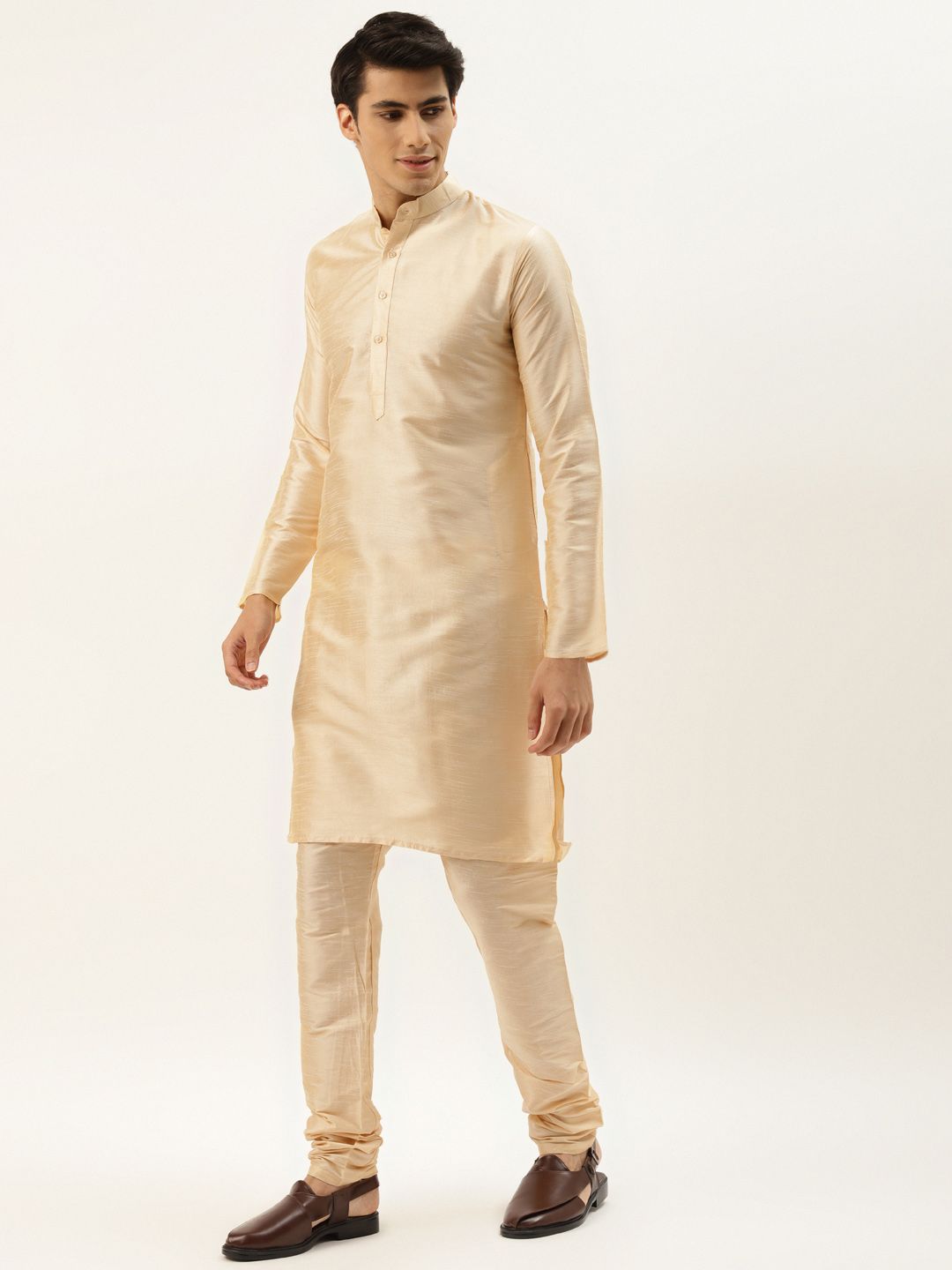 SOJANYA Men Cream Kurta with Churidar & Nehru Jacket