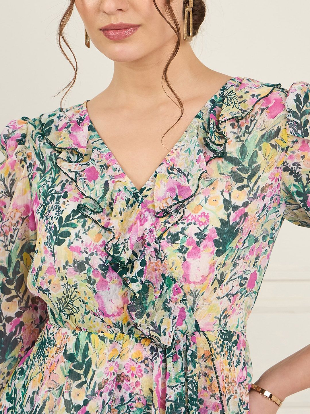Antheaa Green Floral Printed Puff Sleeves Ruffled Top With Trouser