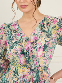 Antheaa Green Floral Printed Puff Sleeves Ruffled Top With Trouser