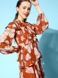 SASSAFRAS Brown & Beige Floral Print Ruffles Top