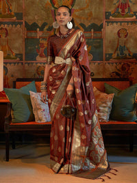 Saree mall Brown & Gold-Toned Woven Design Zari Silk Blend Kanjeevaram Sarees