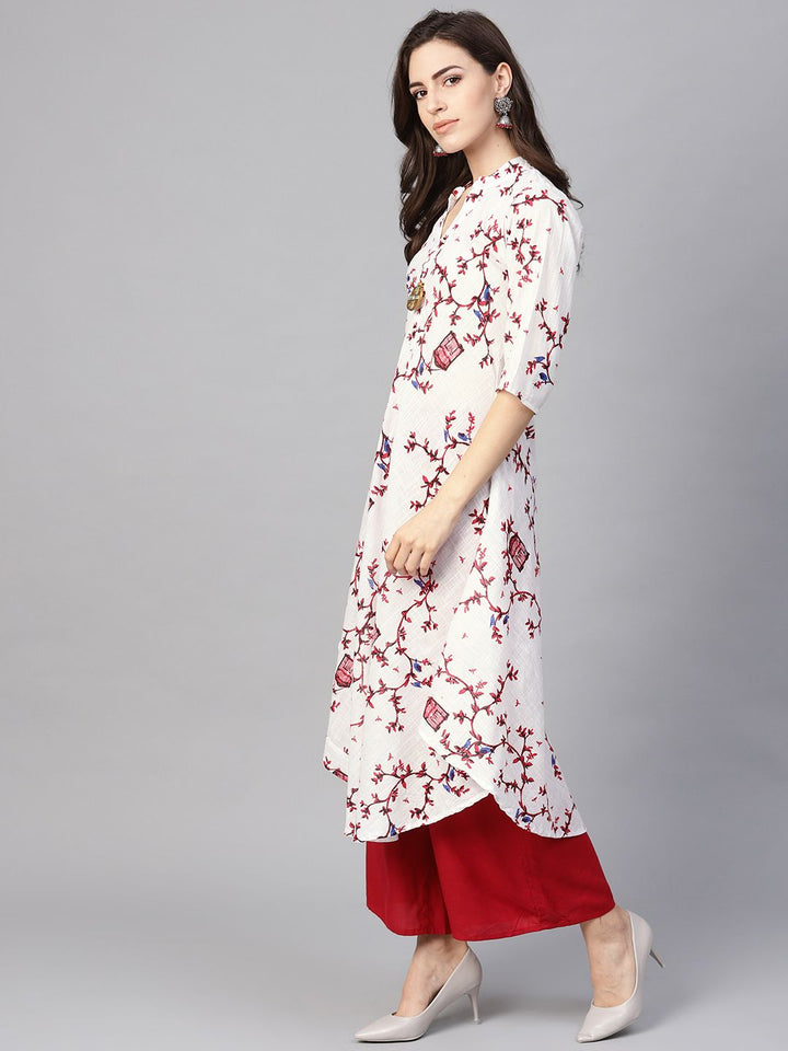 SOJANYA Wanita Sangkar Putih & Merah Cetak Kurta A-Line