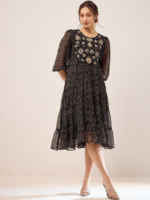 Antheaa Black Floral Printed Embroidered Puff Sleeves Chiffon Fit & Flare Midi Dress