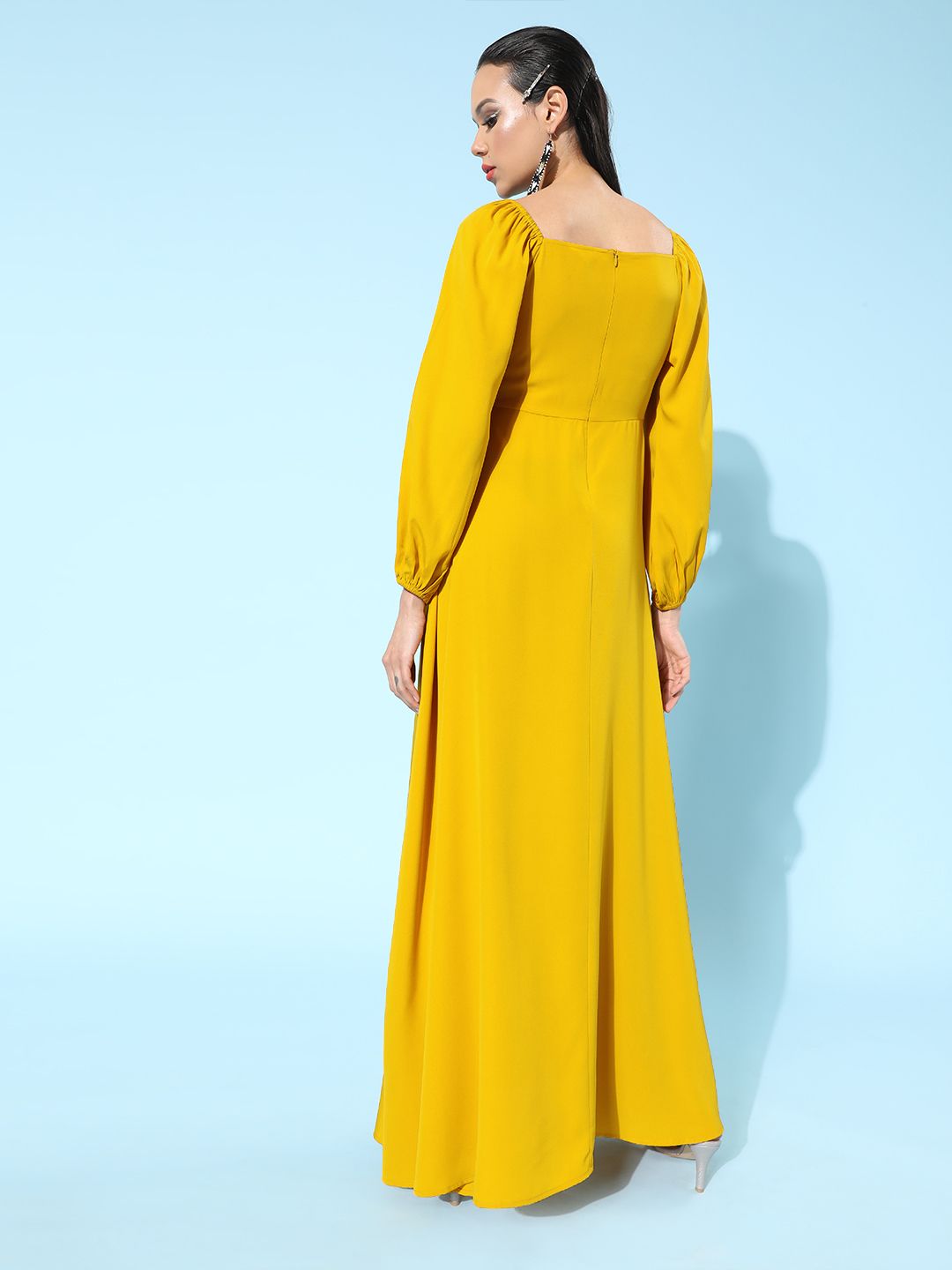 Berrylush Bright Yellow Solid Puff Sleeves Dress
