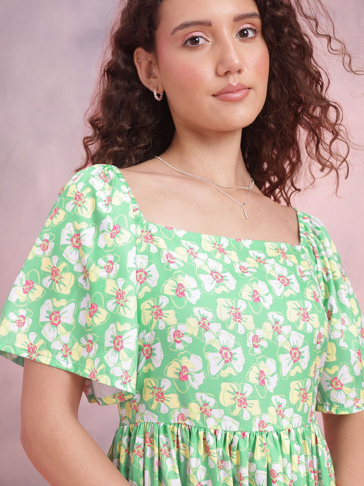 DressBerry Floral Print Flared Sleeve A-Line Midi Dress