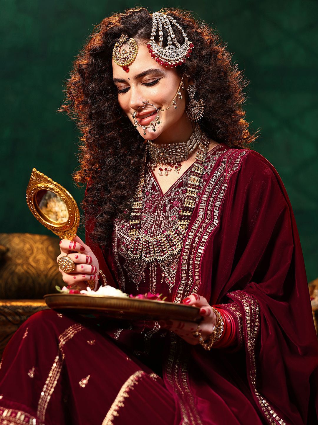 Libas Ethnic Motifs Embroidered Straight Sequinned Velvet Kurta with Trousers & Dupatta